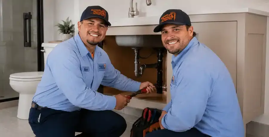 Two Rosenthal Plumbing technicians smiling while repairing pipes under a bathroom sink in Santa Cruz, CA